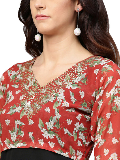 Women's Black & Red Printed Straight Only Kurta