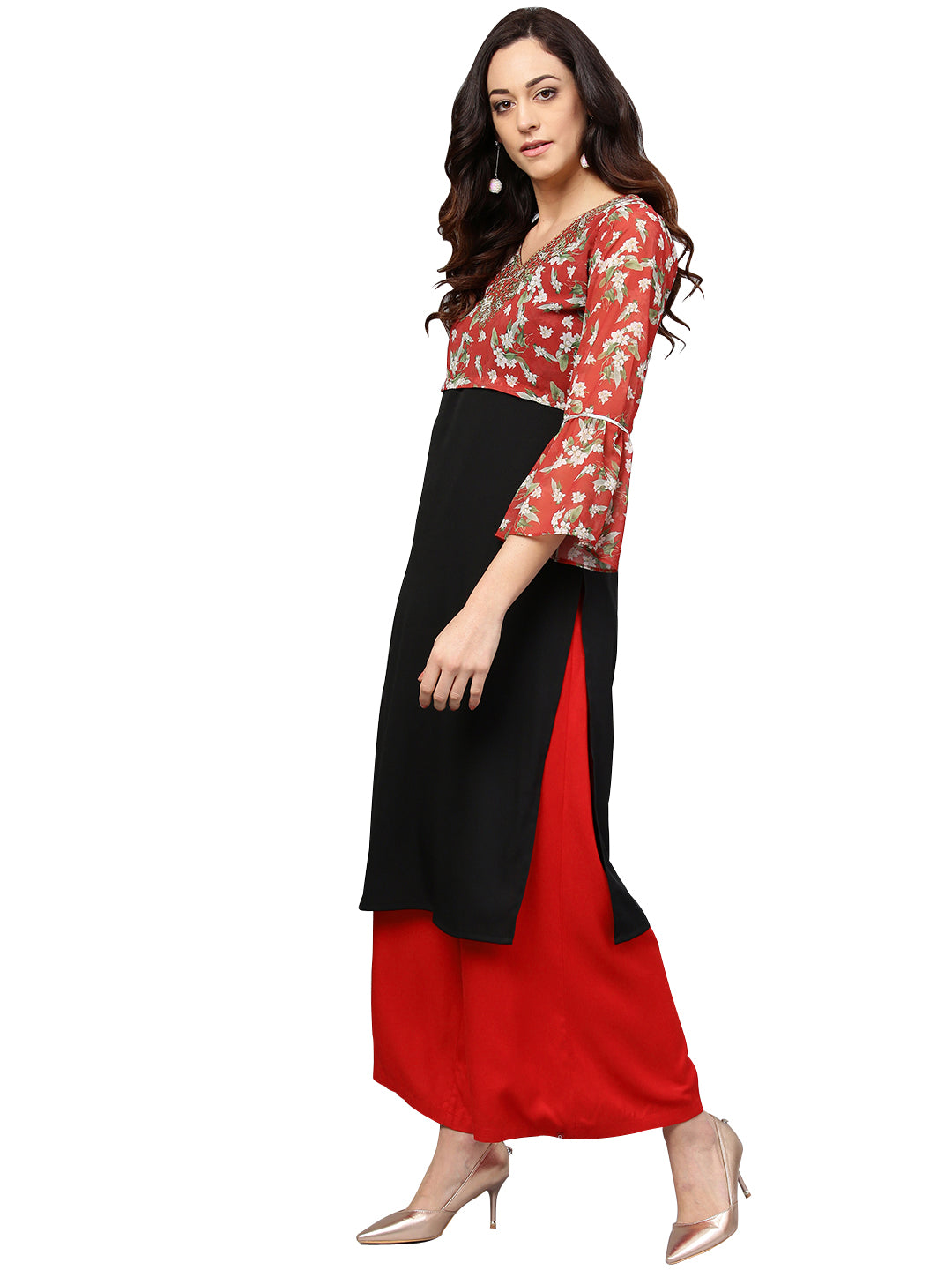 Women's Black & Red Printed Straight Only Kurta