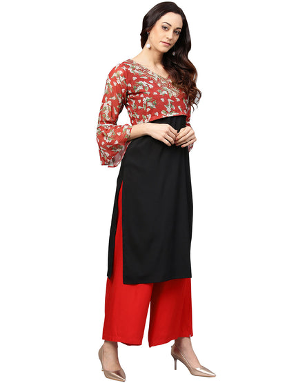 Women's Black & Red Printed Straight Only Kurta