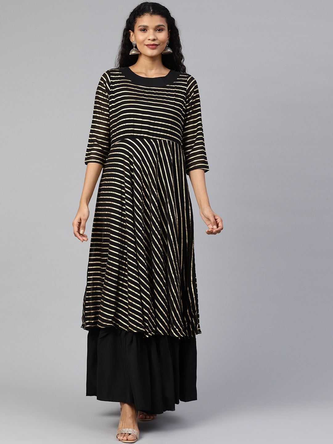 Women's Black Georgette Gold Printed Gown