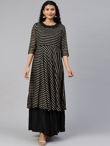 Women's Black Georgette Gold Printed Gown