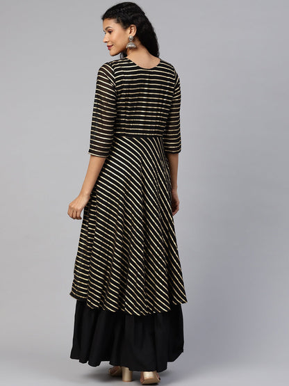 Women's Black Georgette Gold Printed Gown