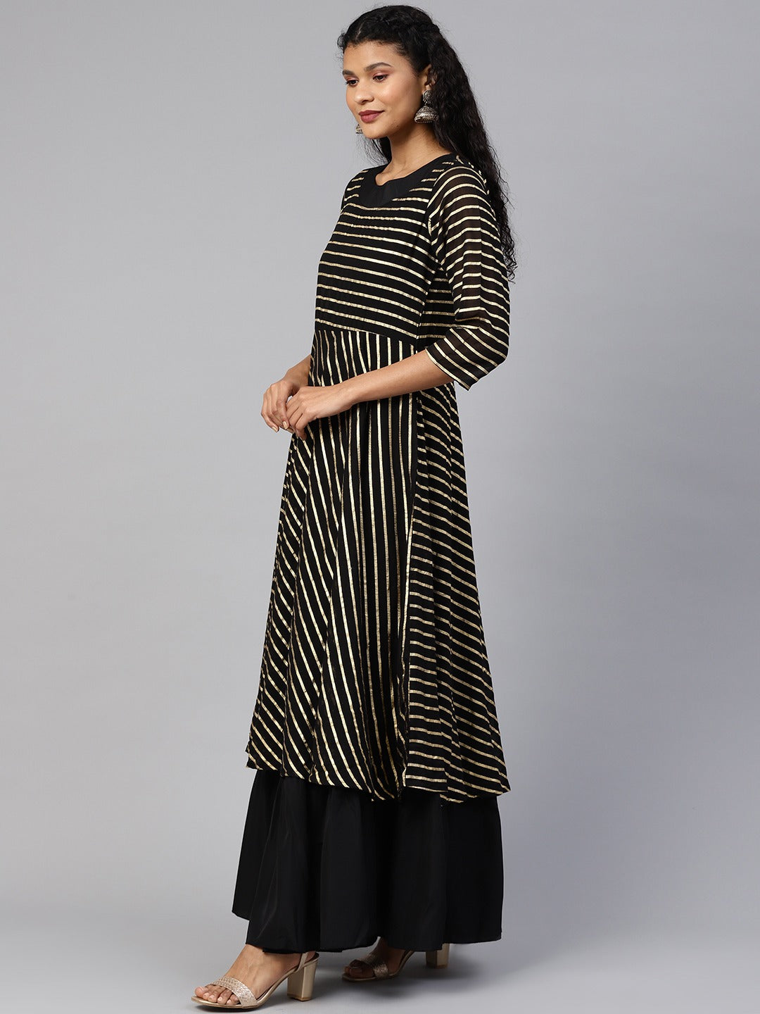 Women's Black Georgette Gold Printed Gown