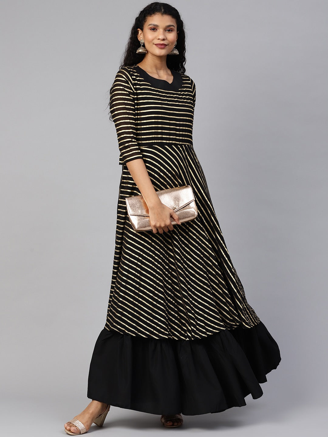 Women's Black Georgette Gold Printed Gown