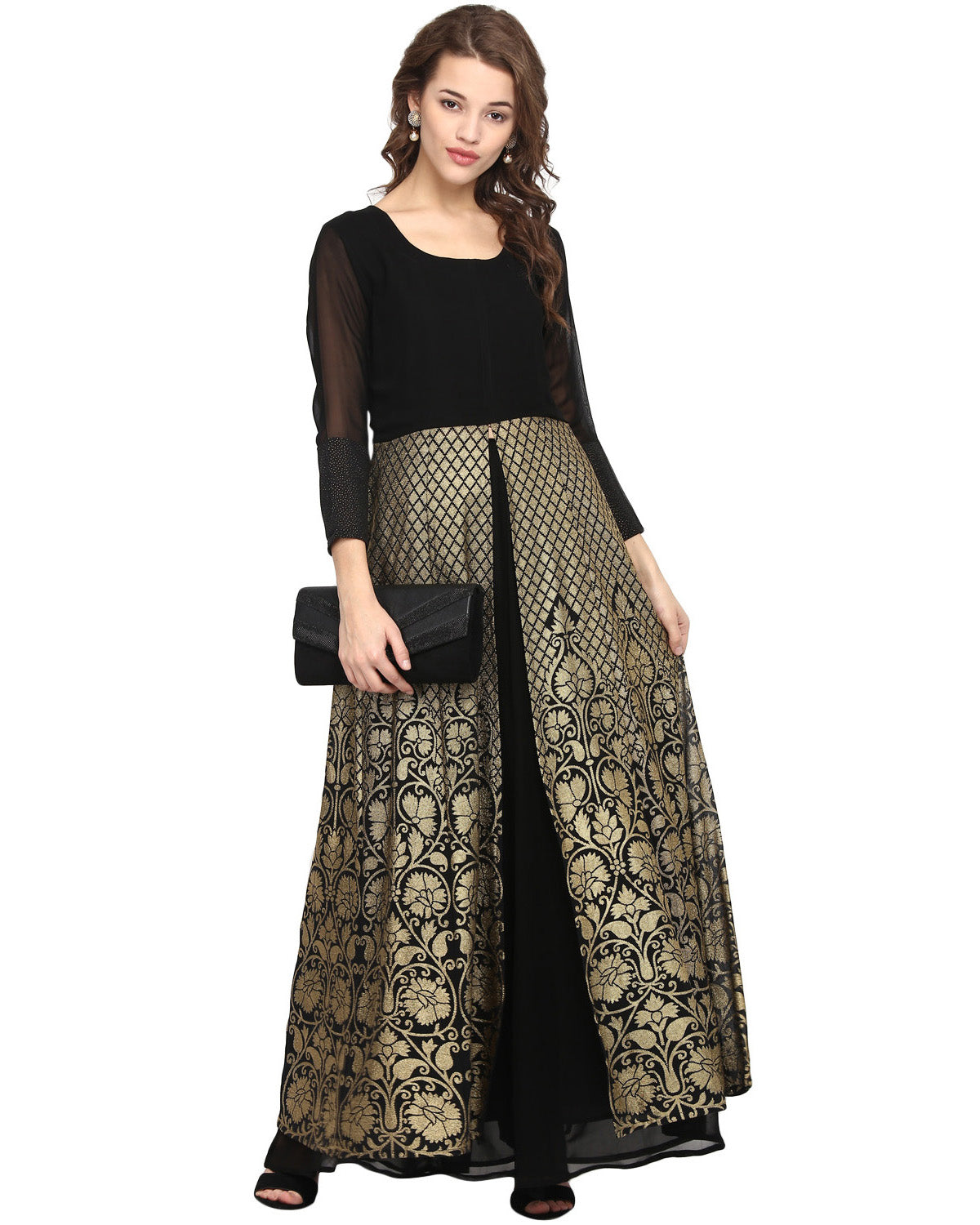 Women's Black Georgette Gold Print Dress