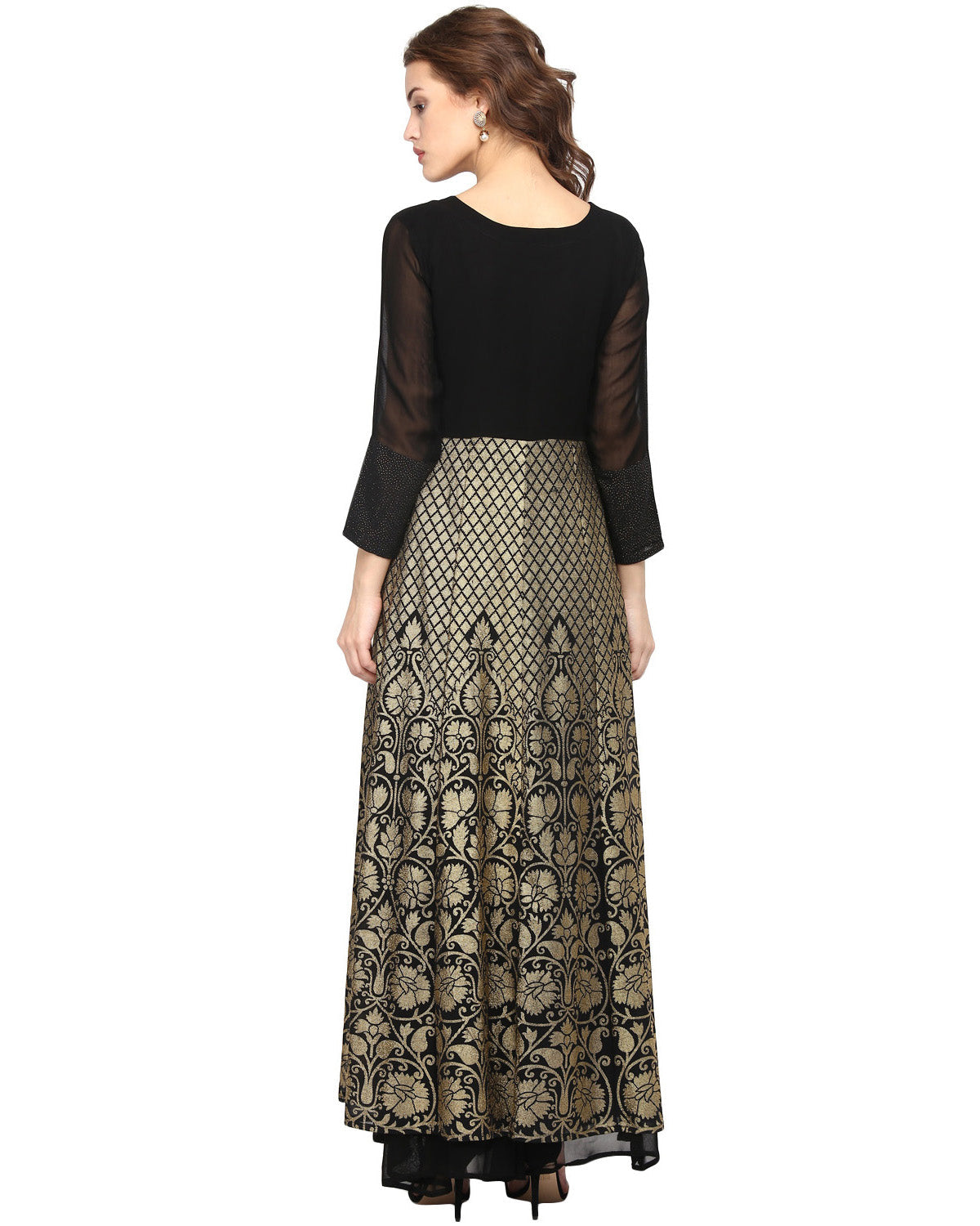 Women's Black Georgette Gold Print Dress