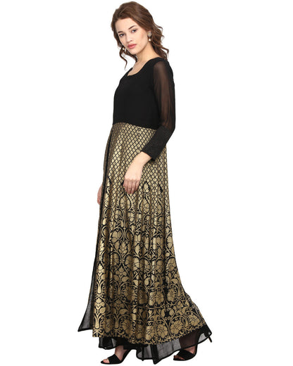 Women's Black Georgette Gold Print Dress