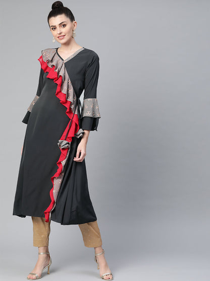 Women's Grey Angarkha Style Kurta From Ahalyaa