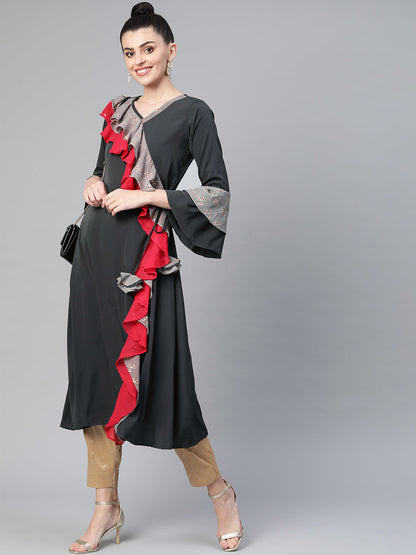 Women's Grey Angarkha Style Kurta From Ahalyaa