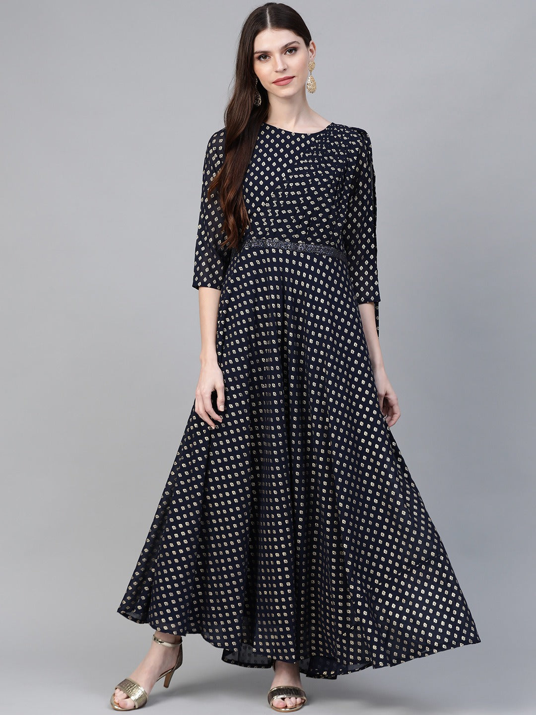 Women's Navy Georgette Gold Printed Dress
