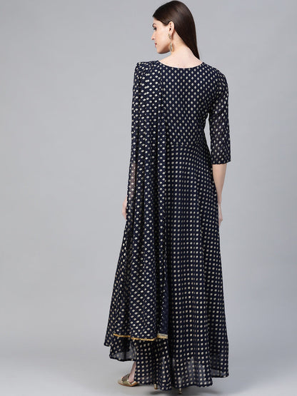 Women's Navy Georgette Gold Printed Dress