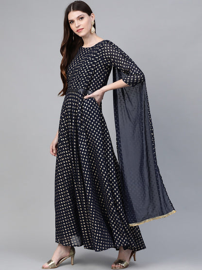 Women's Navy Georgette Gold Printed Dress
