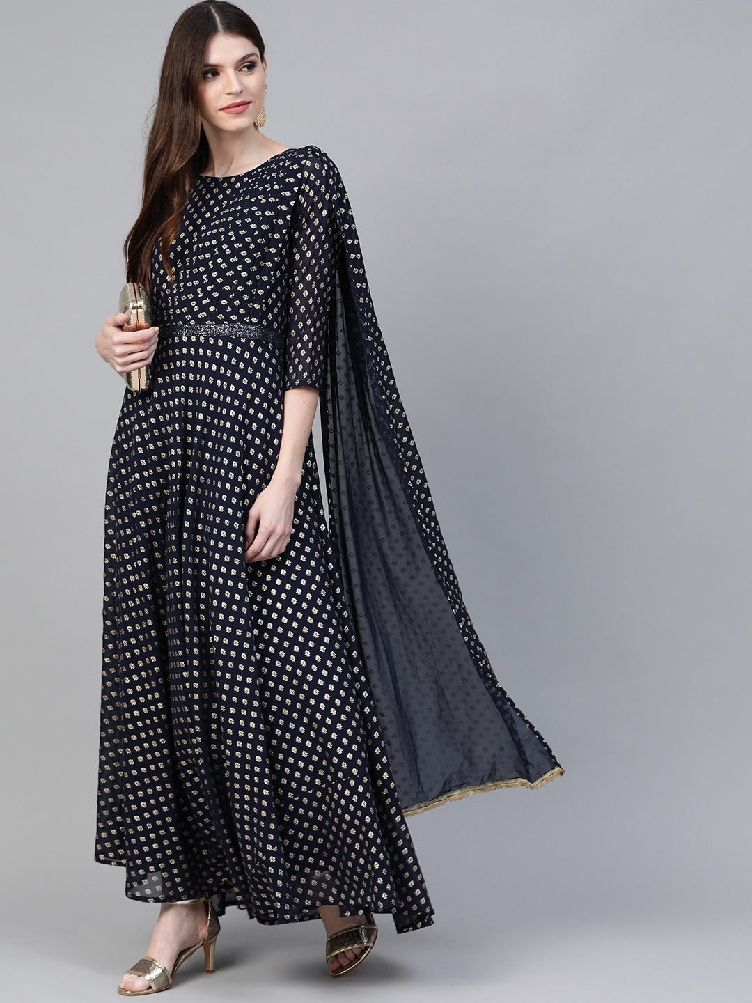 Women's Navy Georgette Gold Printed Dress