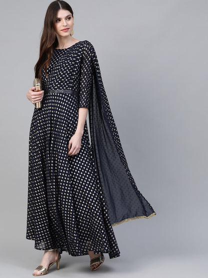 Women's Navy Georgette Gold Printed Dress