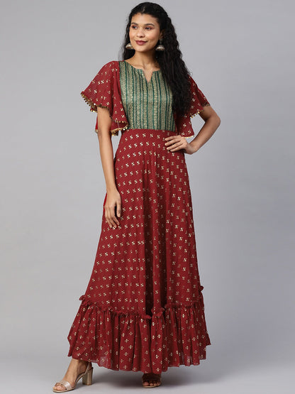 Women's Maroon Georgette Gold Printed Kurta