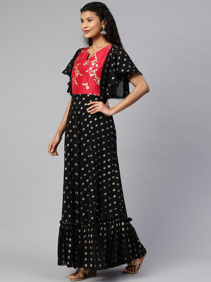 Women's Black Georgette Gold Printed Kurta