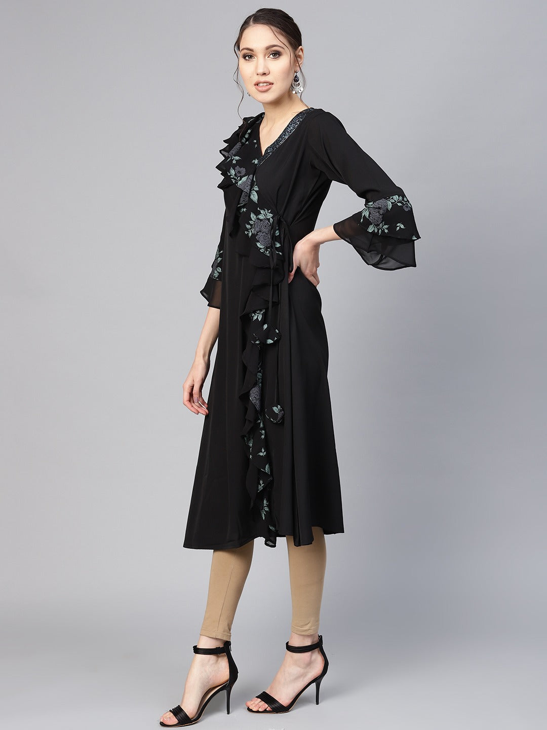 Women's Black Georgette Ruffled Kurt