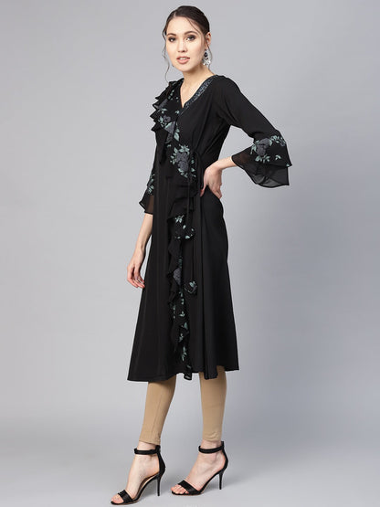 Women's Black Georgette Ruffled Kurt
