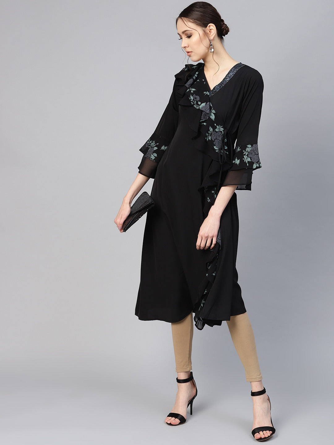 Women's Black Georgette Ruffled Kurt