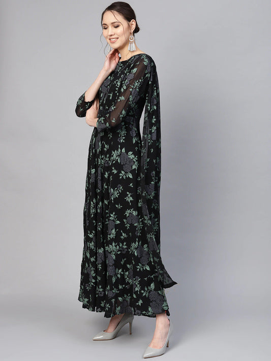 Women's Black Georgette Floral Printed Gow