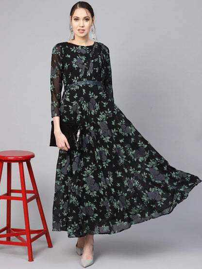 Women's Black Georgette Floral Printed Gow