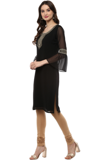 Women's Black Georgette Glitter Print Kurta