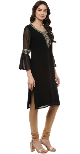 Women's Black Georgette Glitter Print Kurta