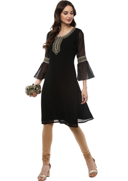 Women's Black Georgette Glitter Print Kurta