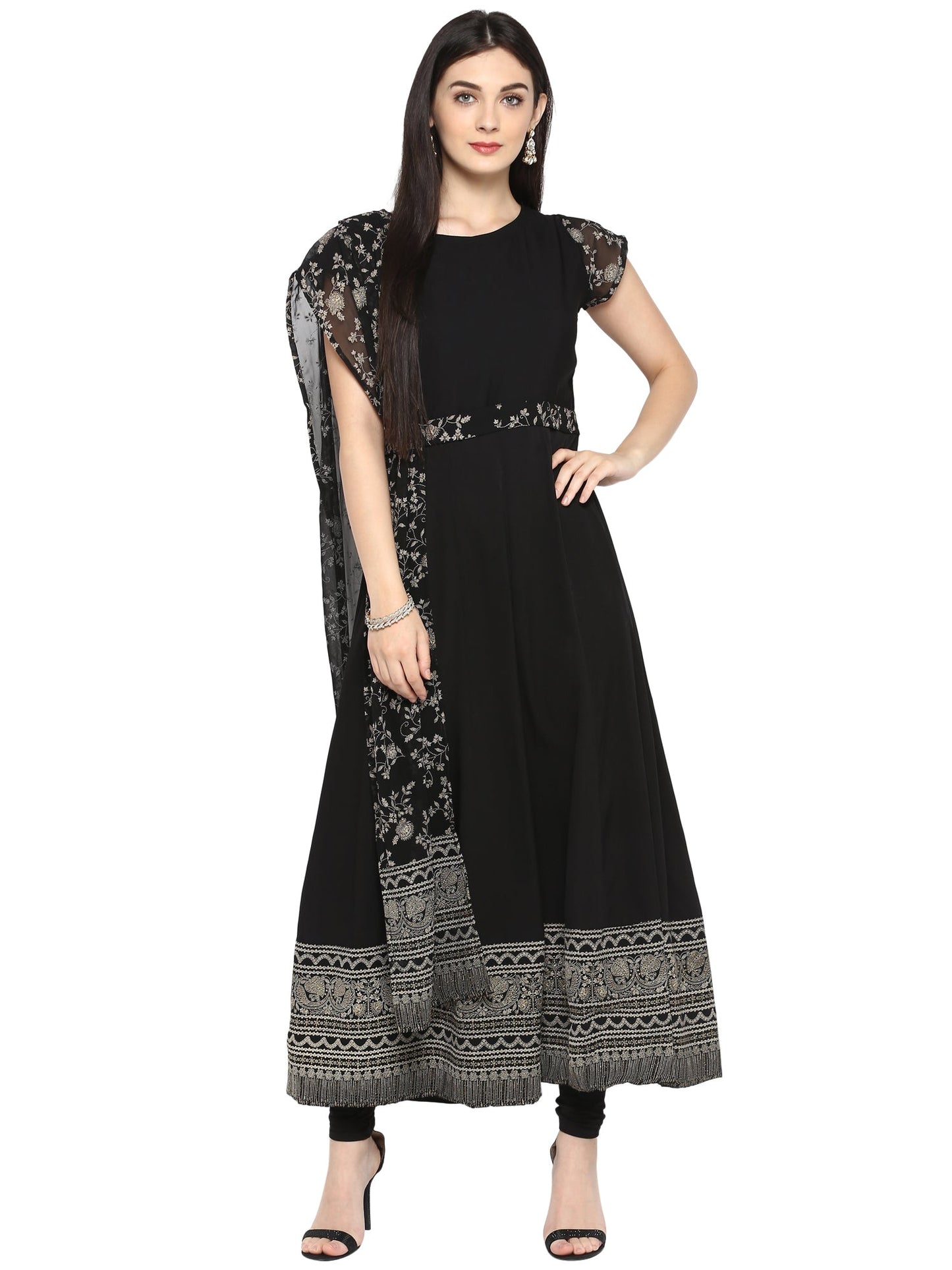 Women's Black Crepe Printed Kurta With Attached Dupatta