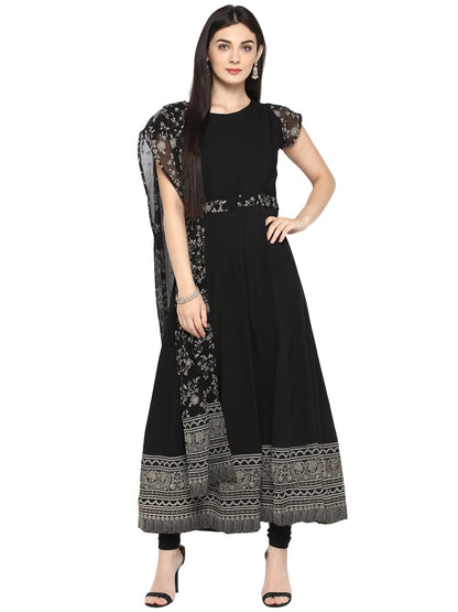 Women's Black Crepe Printed Kurta With Attached Dupatta