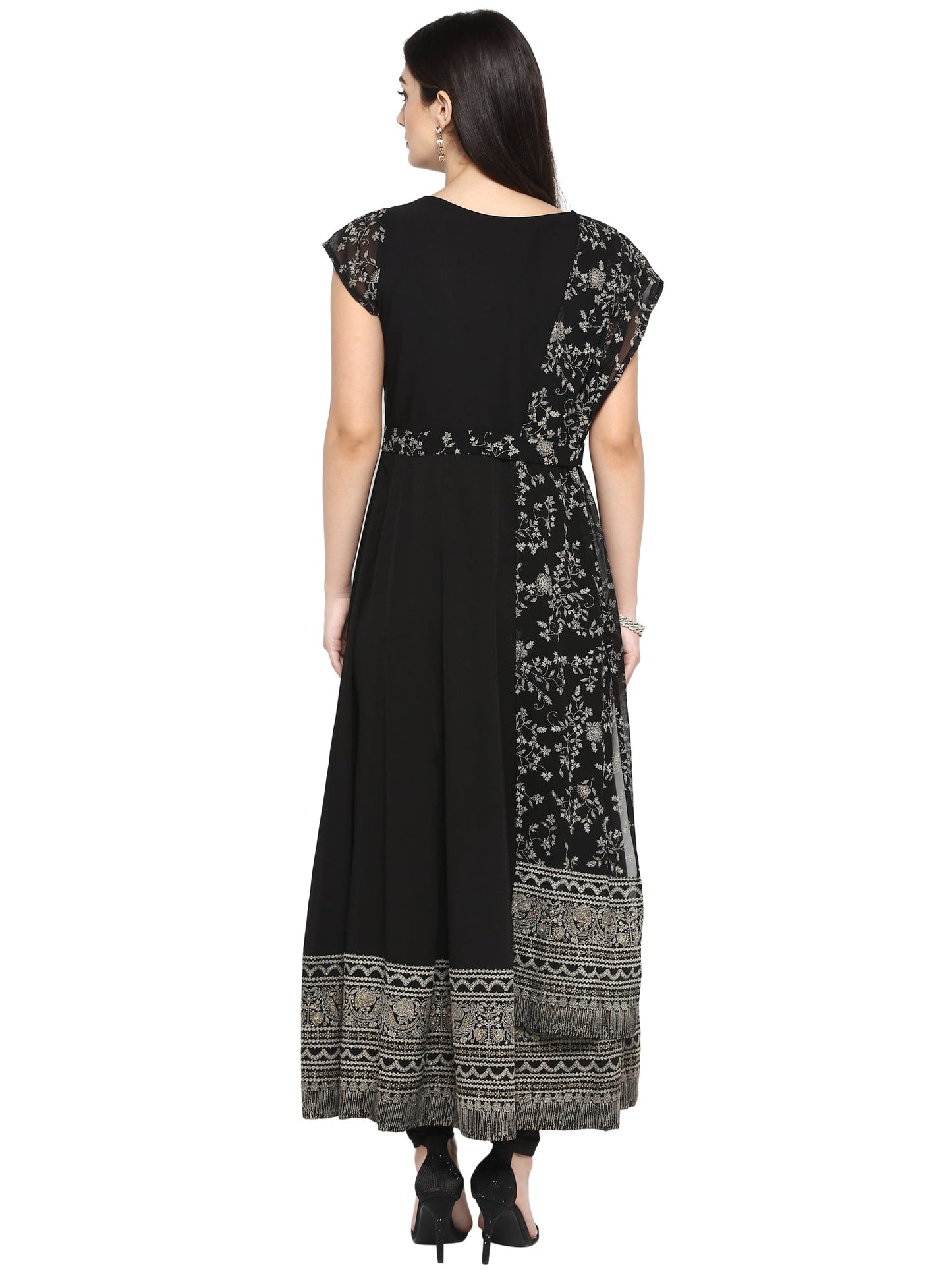 Women's Black Crepe Printed Kurta With Attached Dupatta