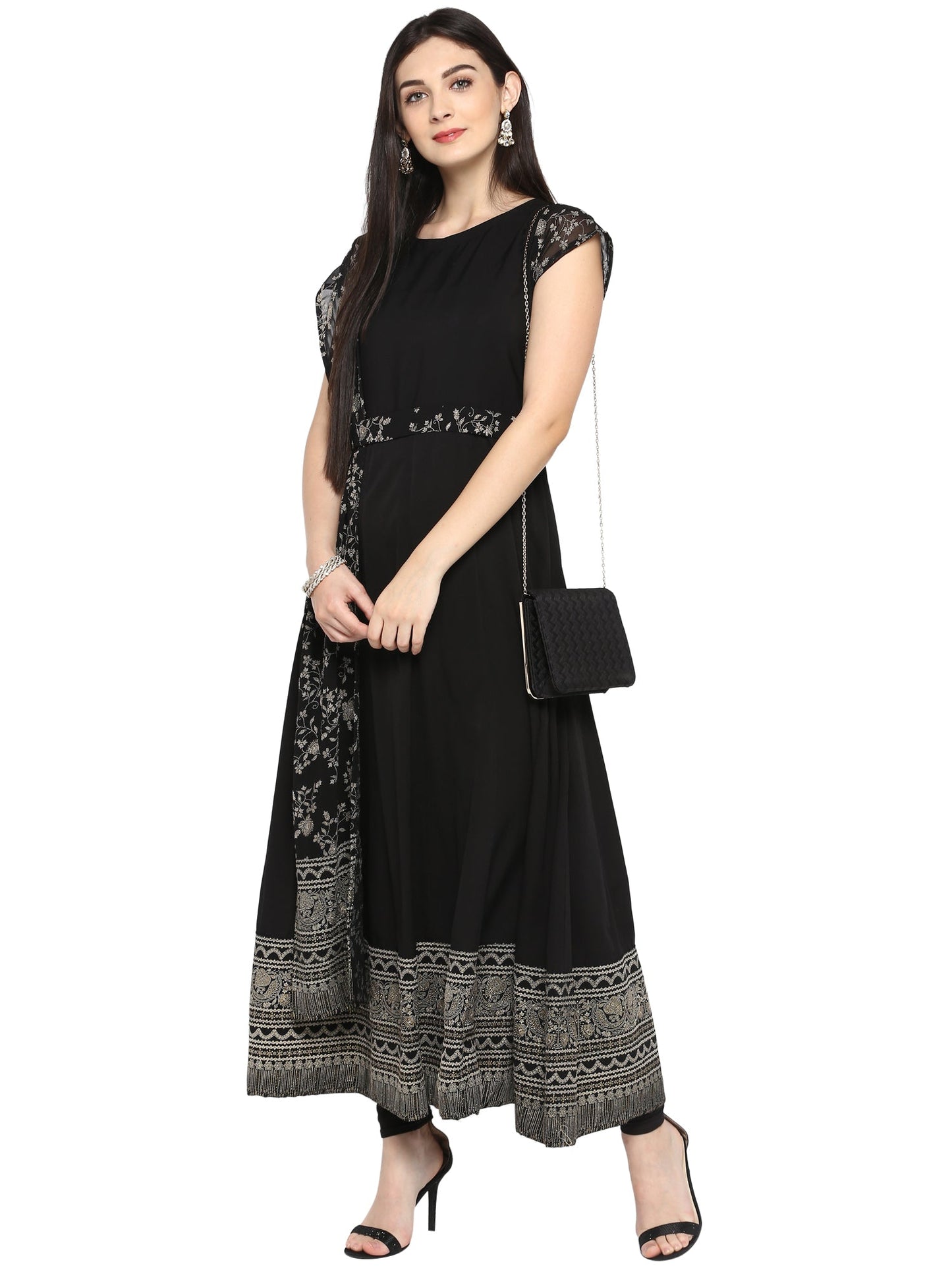 Women's Black Crepe Printed Kurta With Attached Dupatta