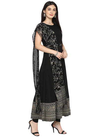Women's Black Crepe Printed Kurta With Attached Dupatta