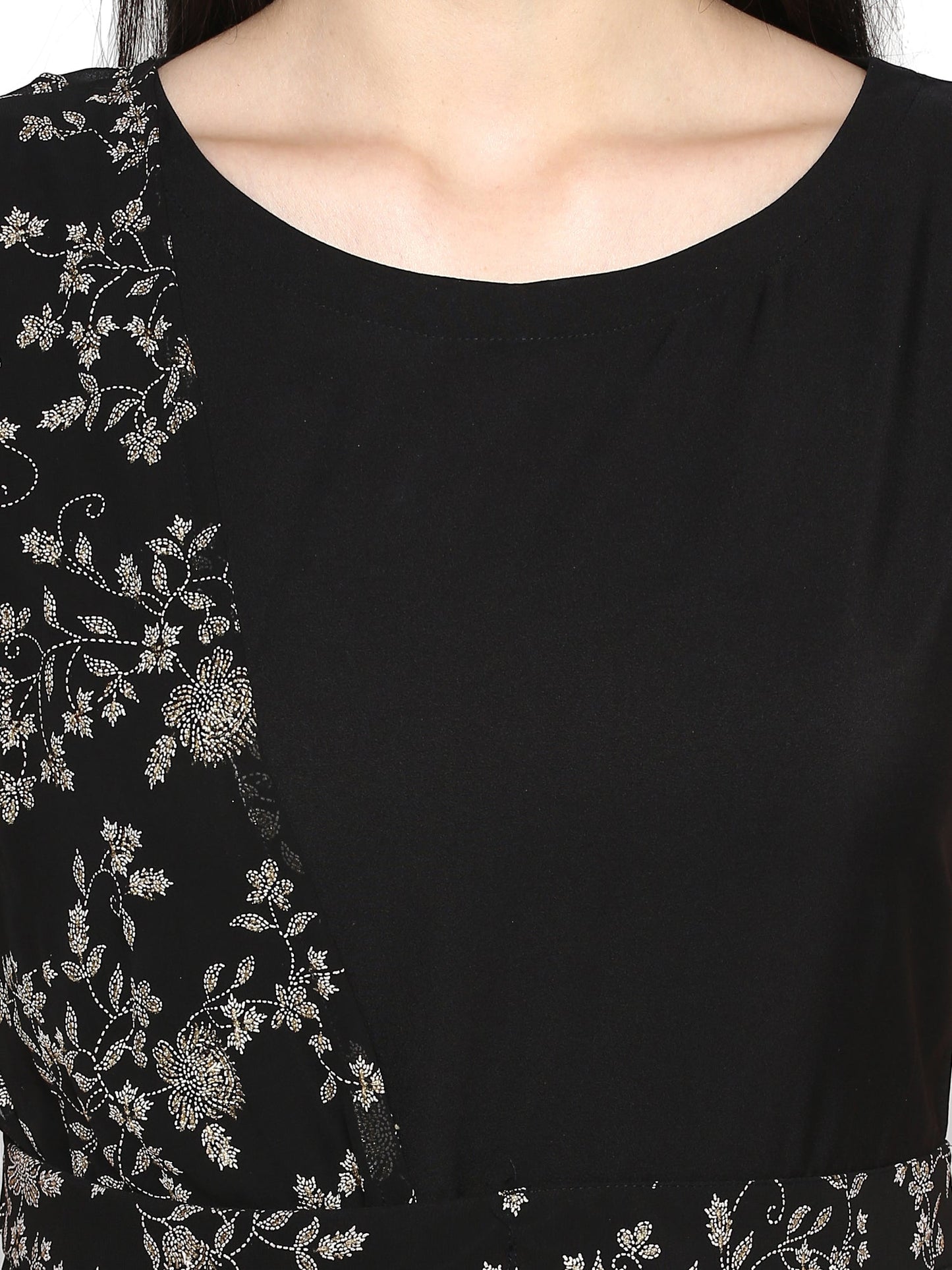 Women's Black Crepe Printed Kurta With Attached Dupatta