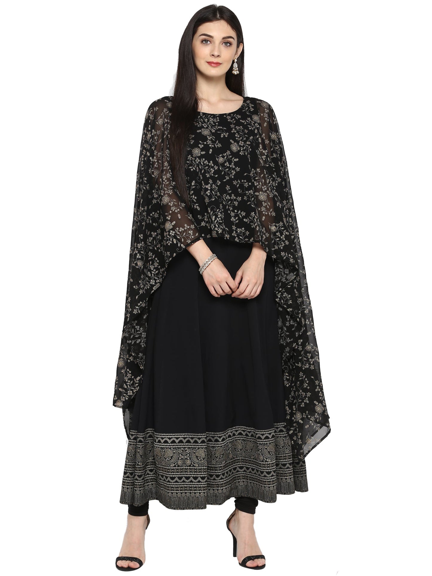 Women's Black Crepe Printed Kurta With Attached Dupatta