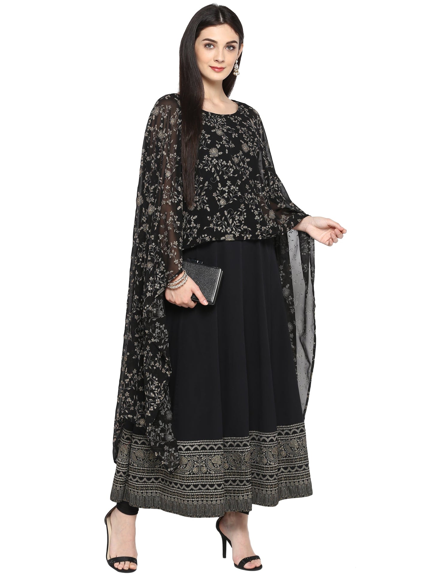 Women's Black Crepe Printed Kurta With Attached Dupatta