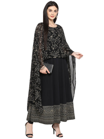 Women's Black Crepe Printed Kurta With Attached Dupatta