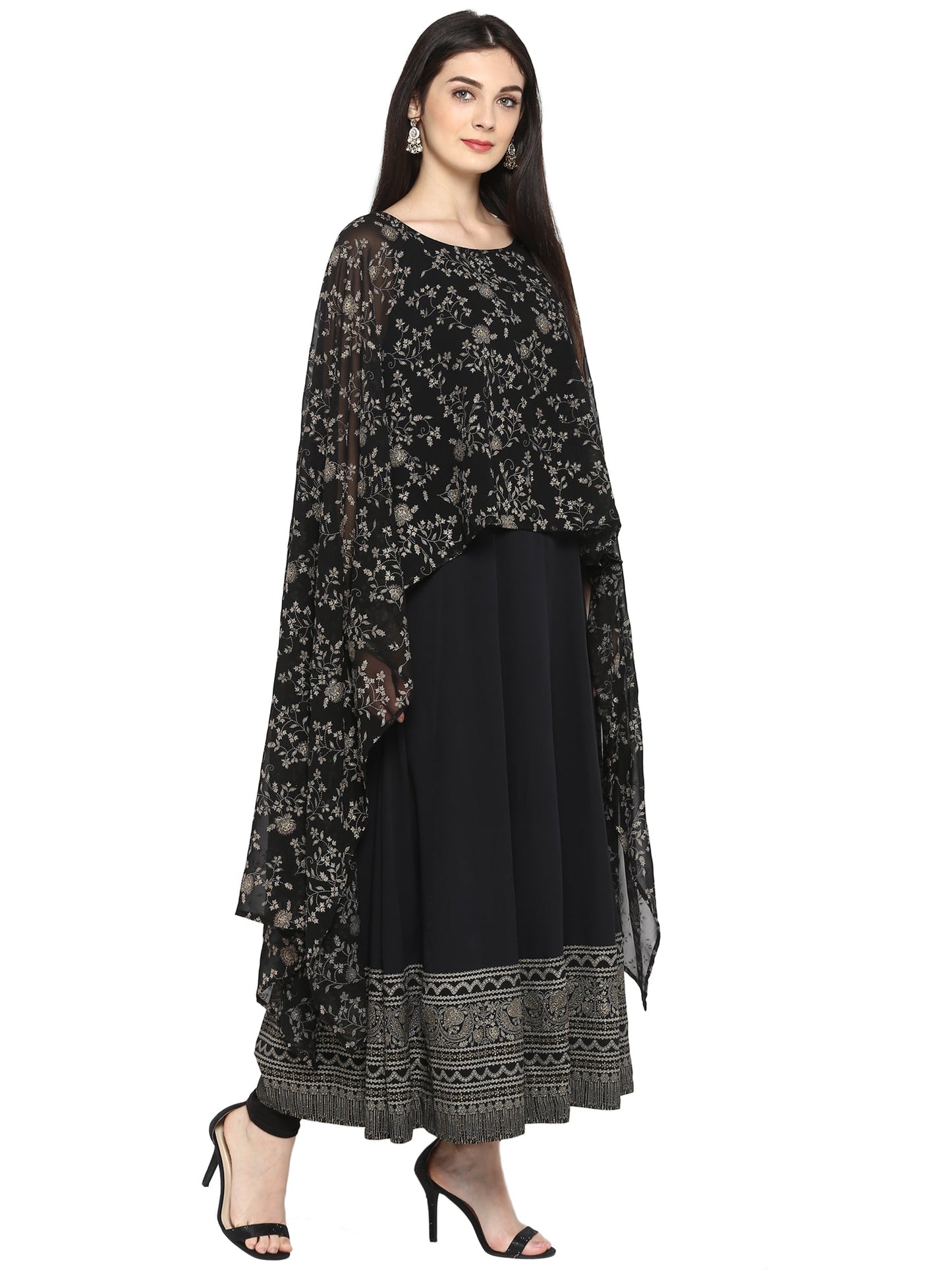 Women's Black Crepe Printed Kurta With Attached Dupatta