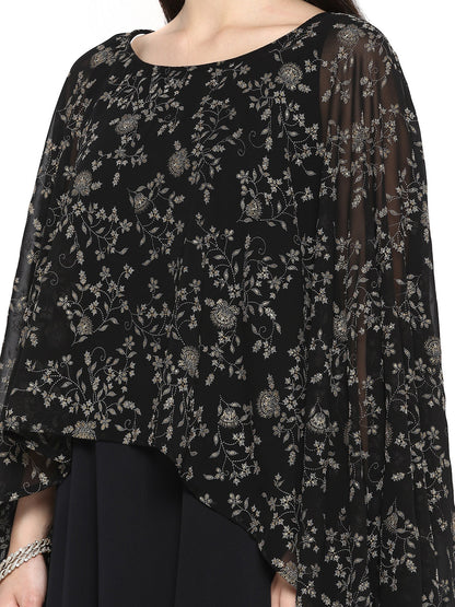 Women's Black Crepe Printed Kurta With Attached Dupatta