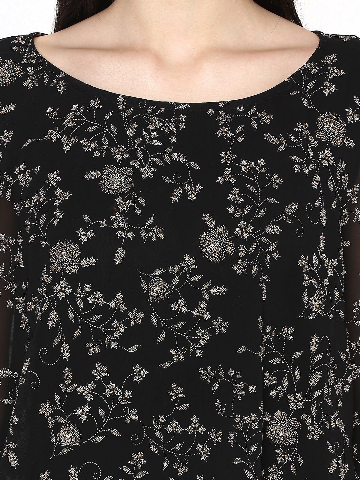 Women's Black Crepe Printed Kurta With Attached Dupatta
