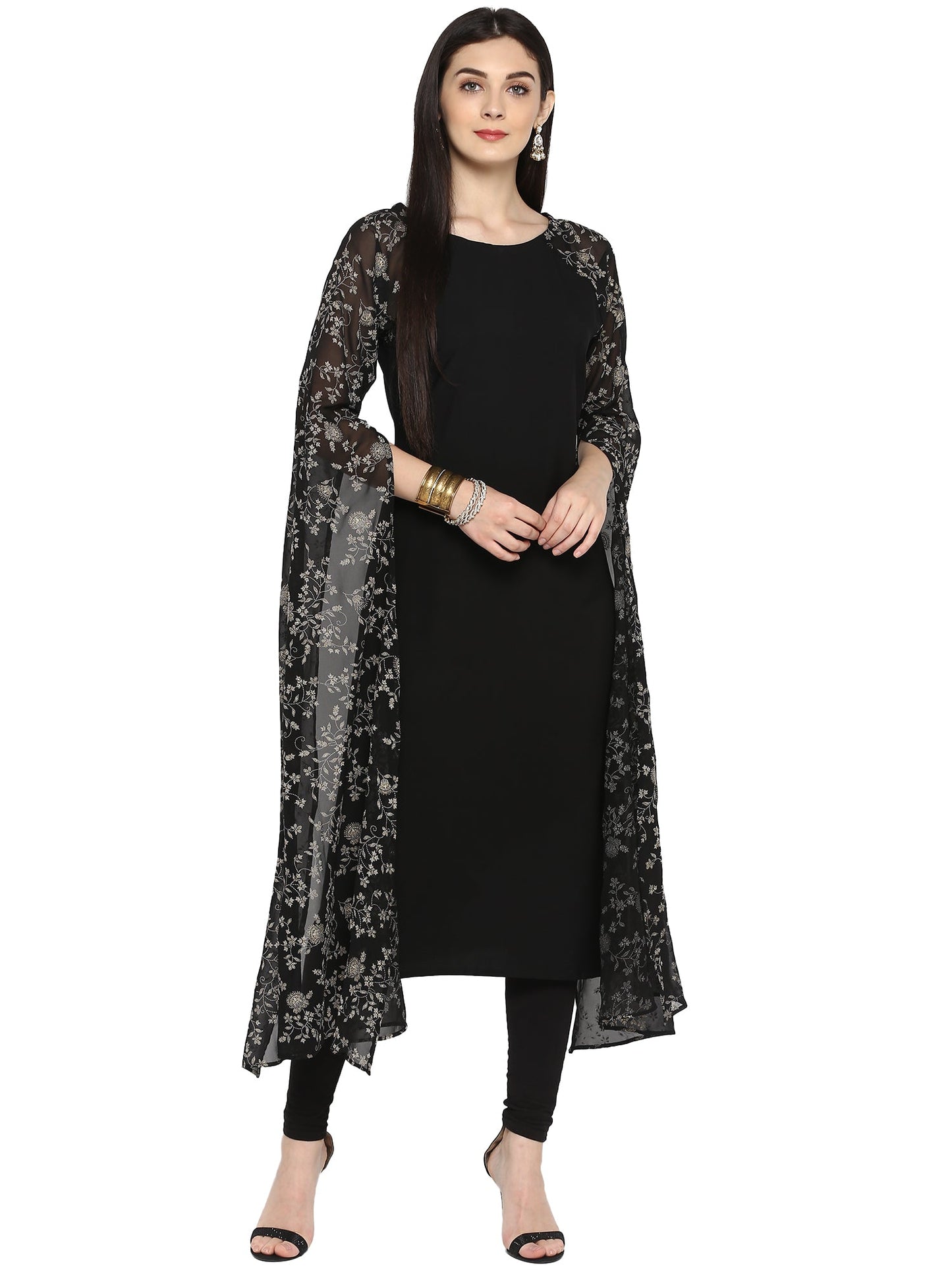 Women's Black Georgette Rubber Glitter Print Kurta