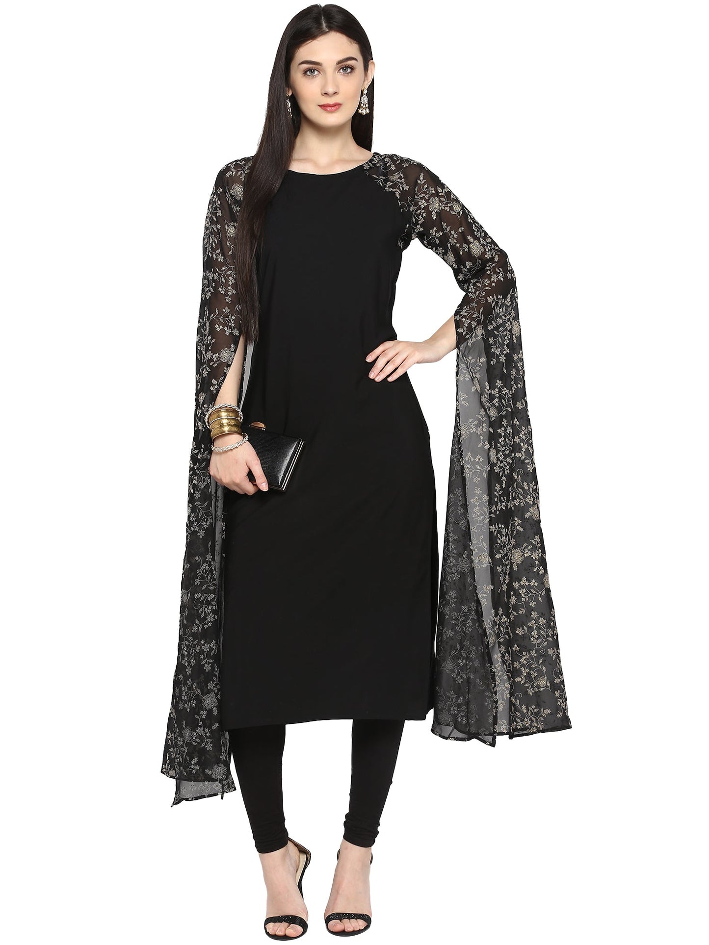 Women's Black Georgette Rubber Glitter Print Kurta