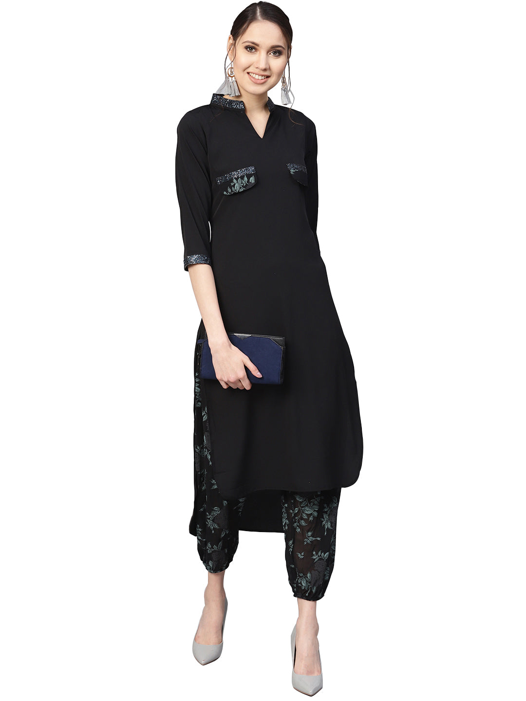 Women's Black Crepe Printed Top With Harem Pan