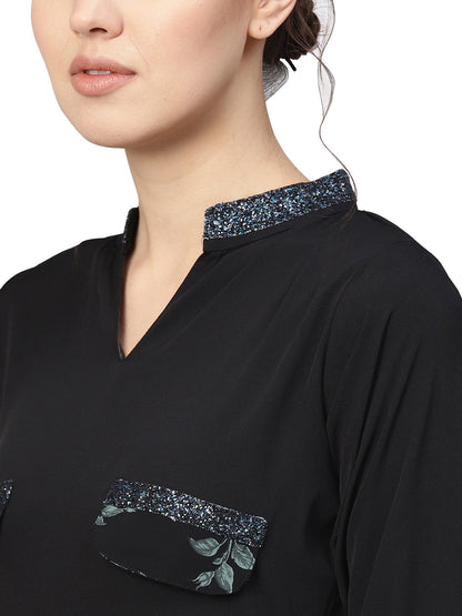Women's Black Crepe Printed Top With Harem Pan