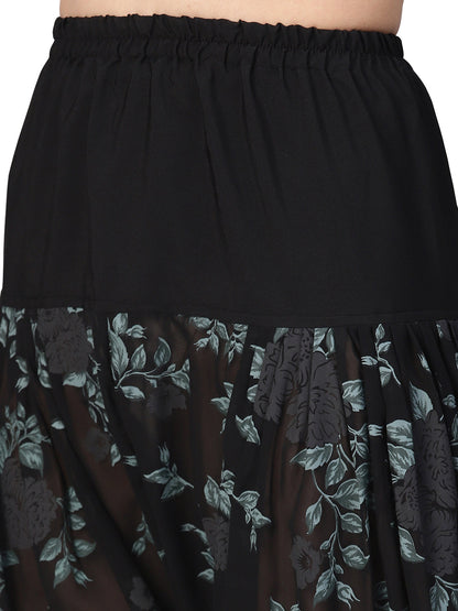 Women's Black Crepe Printed Top With Harem Pan