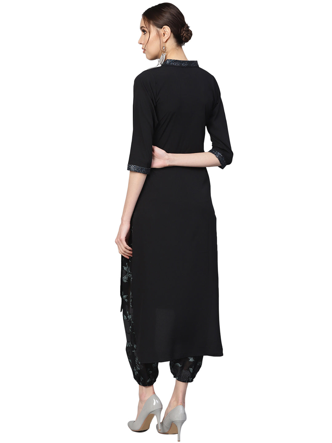 Women's Black Crepe Printed Top With Harem Pan