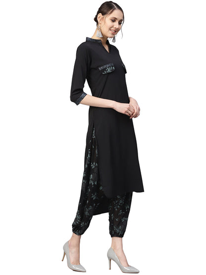 Women's Black Crepe Printed Top With Harem Pan