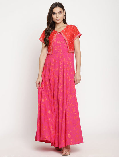 Women's Pink Crepe Orange Khari Print Kurta With Jacket