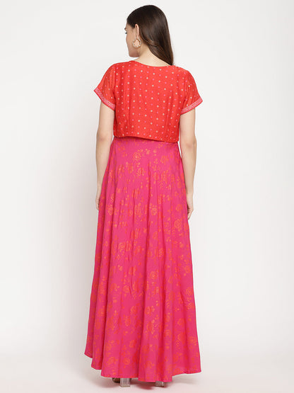 Women's Pink Crepe Orange Khari Print Kurta With Jacket
