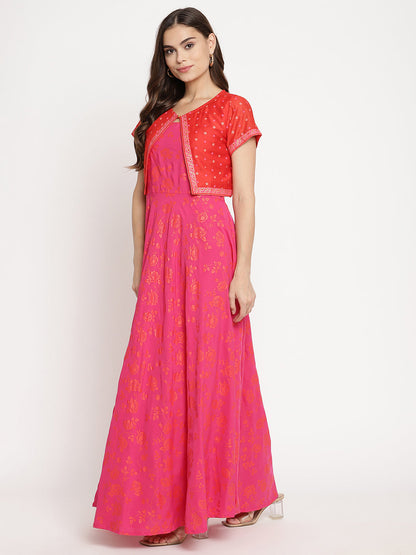 Women's Pink Crepe Orange Khari Print Kurta With Jacket